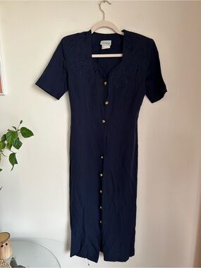 Vintage 90s Savannah Navy Button-Front Midi Dress